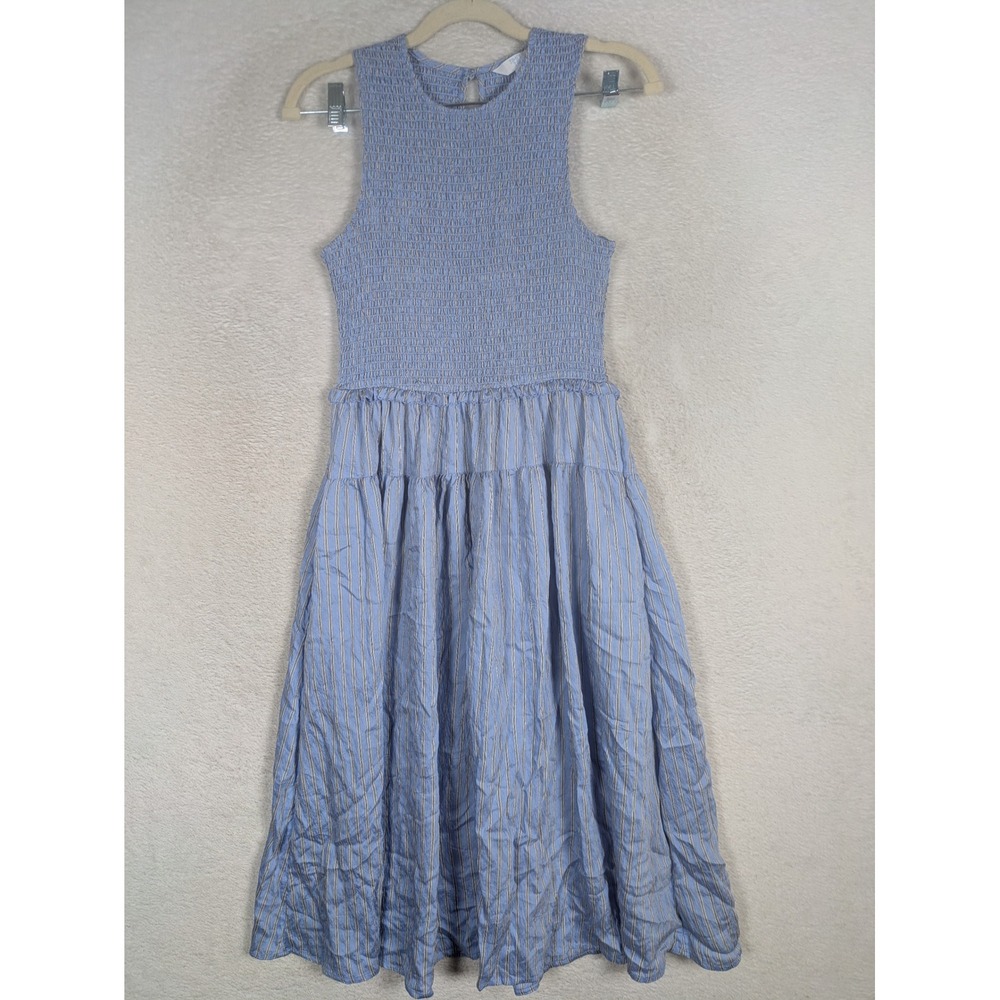 NEW Time and Tru Smocked Dress Women's S Blue Striped Tiered Sleeveless Midi